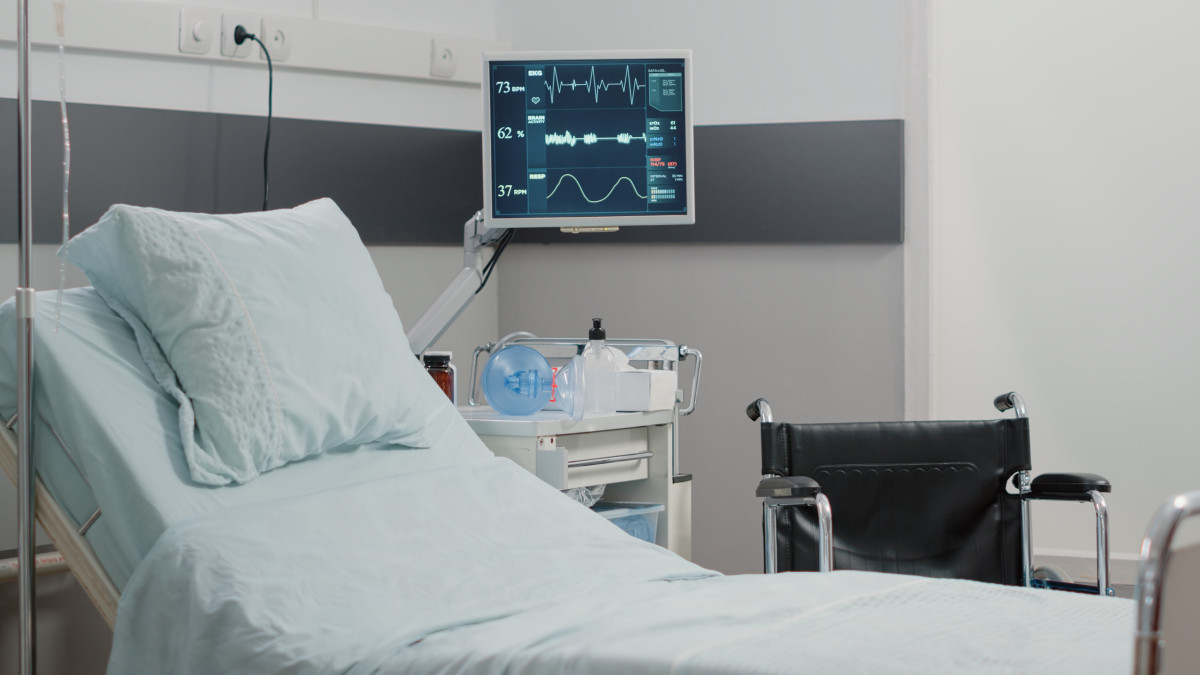empty hospital ward with heart rate monitor bed healthcare recovery nobody emergency room with medical equipment intensive care patient reanimation room with tools v2